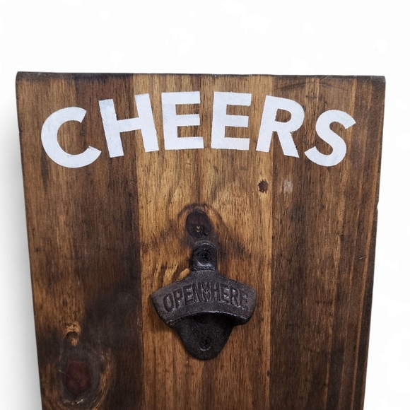 Rustic Wooden Bottle Opener with Cheers Print Wedding Barn Beer Bar - Picture 3 of 9